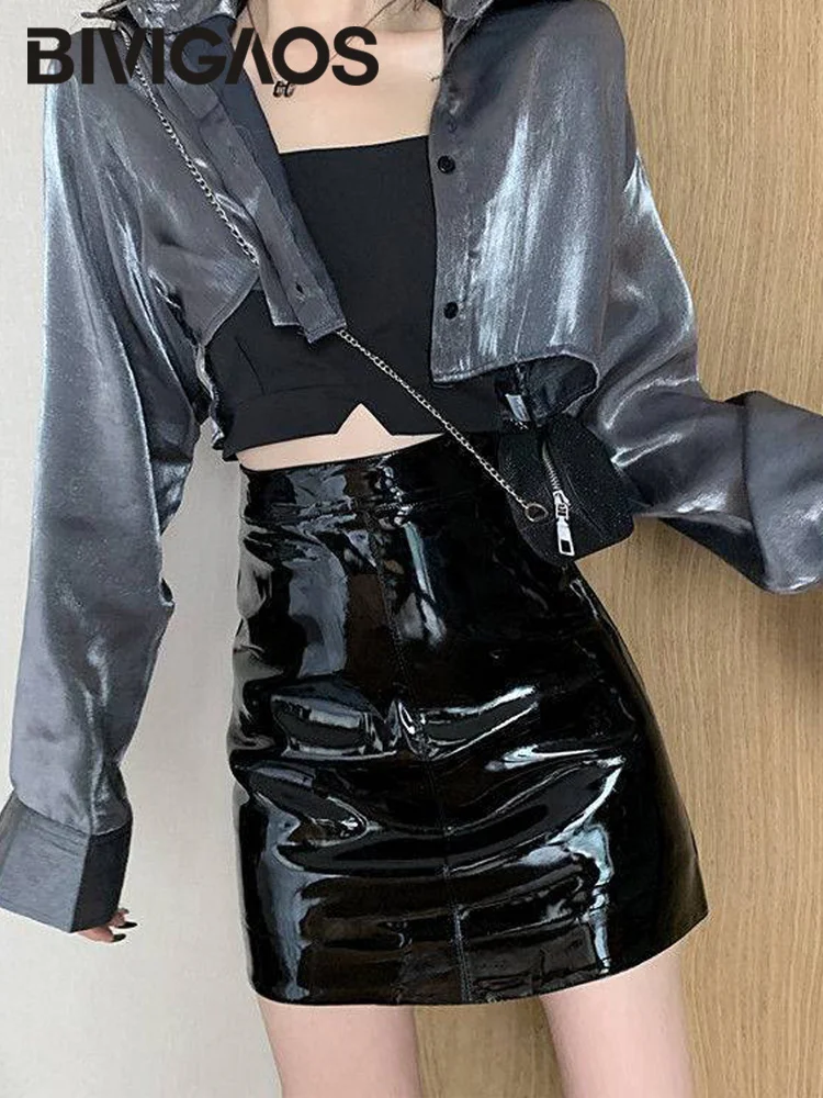 BIVIGAOS Black Mirrored PU Leather Skirts Women Shining Leather High Waist Sexy Package Hip Skirt Tight Slim A-line Short Skirts