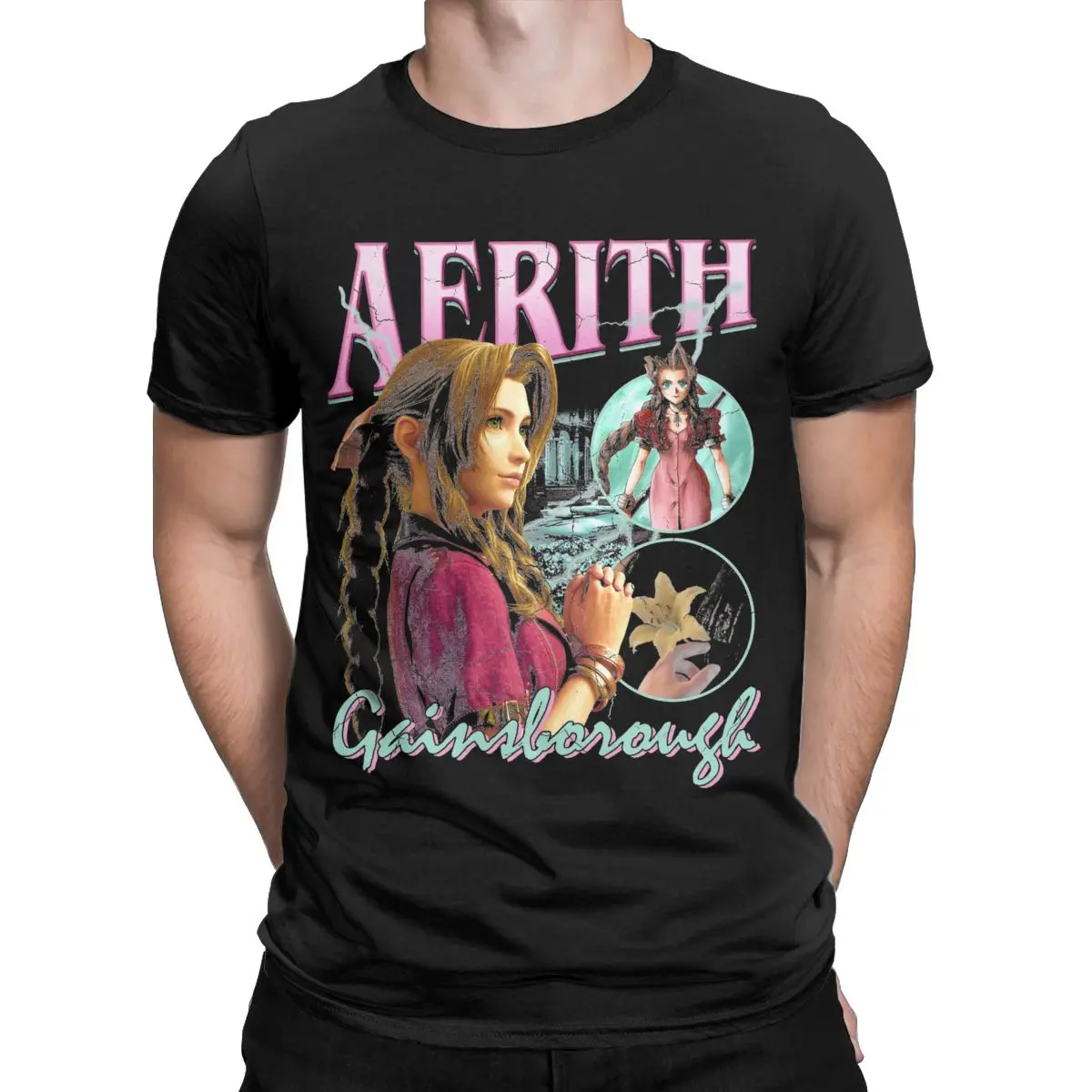 Vintage Aerith Gainsboro Final Fantasy 7 T-Shirt for Men Crewneck Pure Cotton T Shirts Short Sleeve Tees Gift Idea Clothing