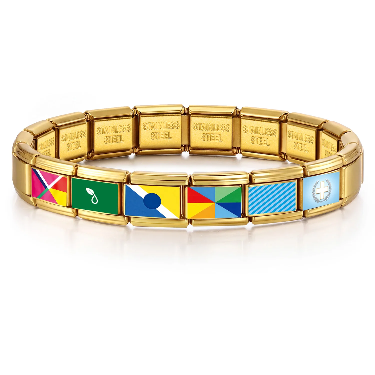 GEMOSA Weltflaggen-Anhänger in Goldfarbe, Italienisches Charm-Element für 9mm Edelstahl-Armbänder, Schmuckherstellung DIY Perlen-Zubehör – Detail 3
