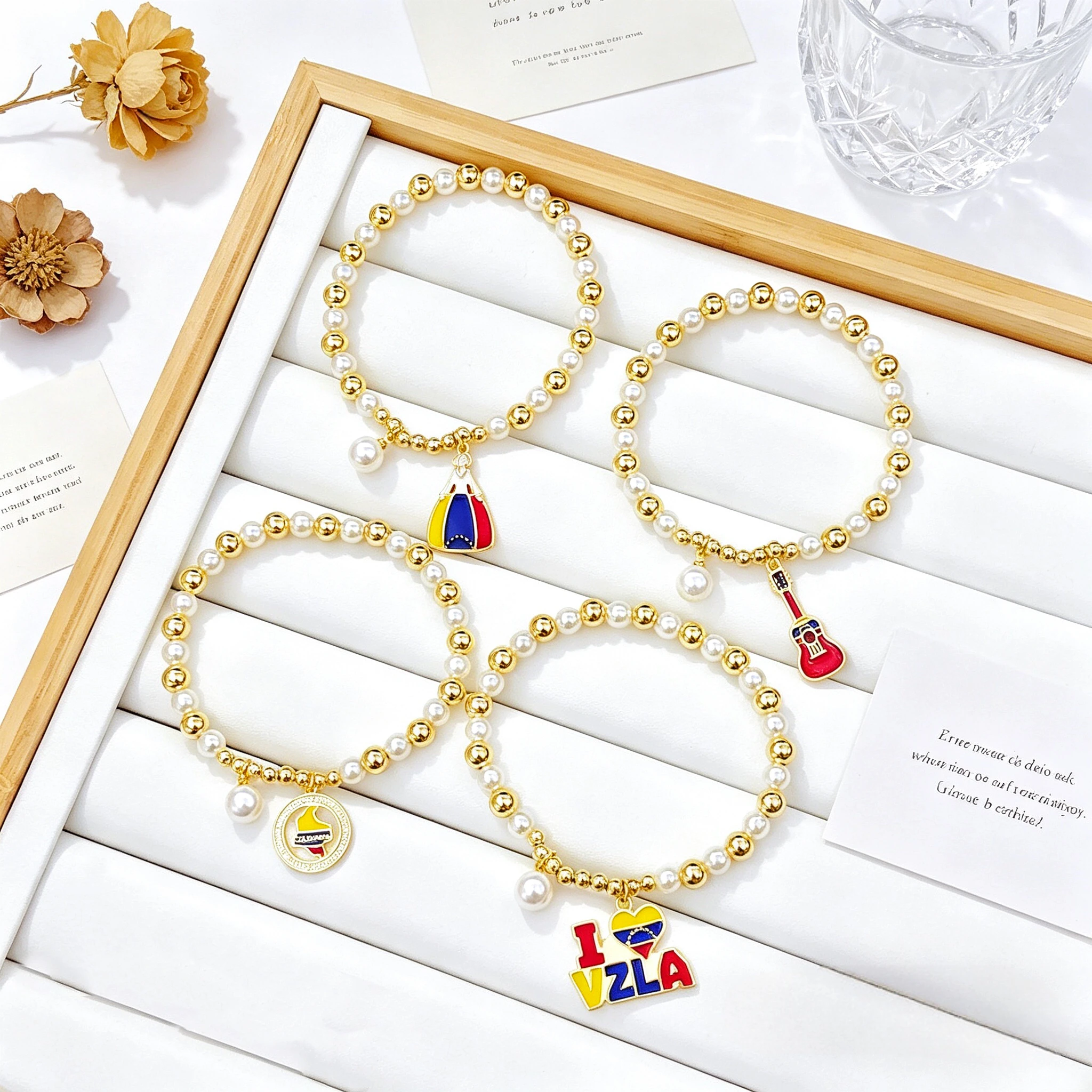 Hot Selling Pearl Chain Violin Round Heart-Shaped Venezuela Flag Stretch Bracelet: Luxury for Women Party Patriotic Jewelry Gift