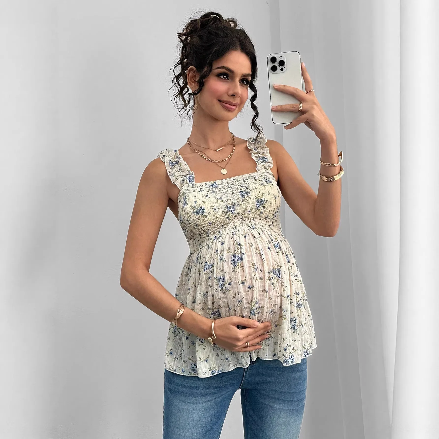 

Весенне-летний топ-майка для беременных 2026 года в европейском и американском стиле с принтом, квадратным вырезом и А-образным силуэтом