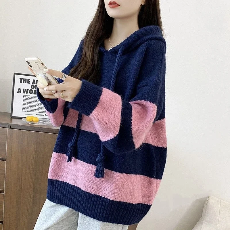 New Fall Winter 2026 Women's Relaxed Fit Hoodie Stripe Knitted Top Loose Korean Minimalist Pullover