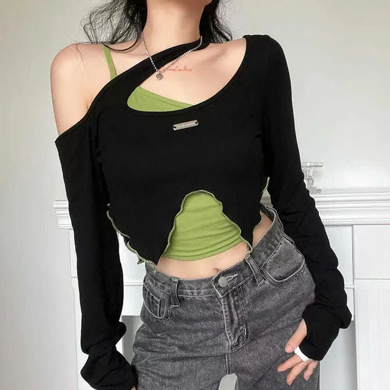 تي شيرت نسائي بأكمام طويلة Harajuku قوطي كبير الحجم من القطن الدانتيل Y2K جمالي ريترو سليم صالح مريح كاجوال أنيق أنيق