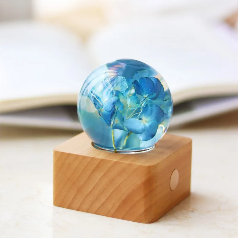 Eternal flower rose dandelion crystal ball night light luminous resin small wood base home decoration light