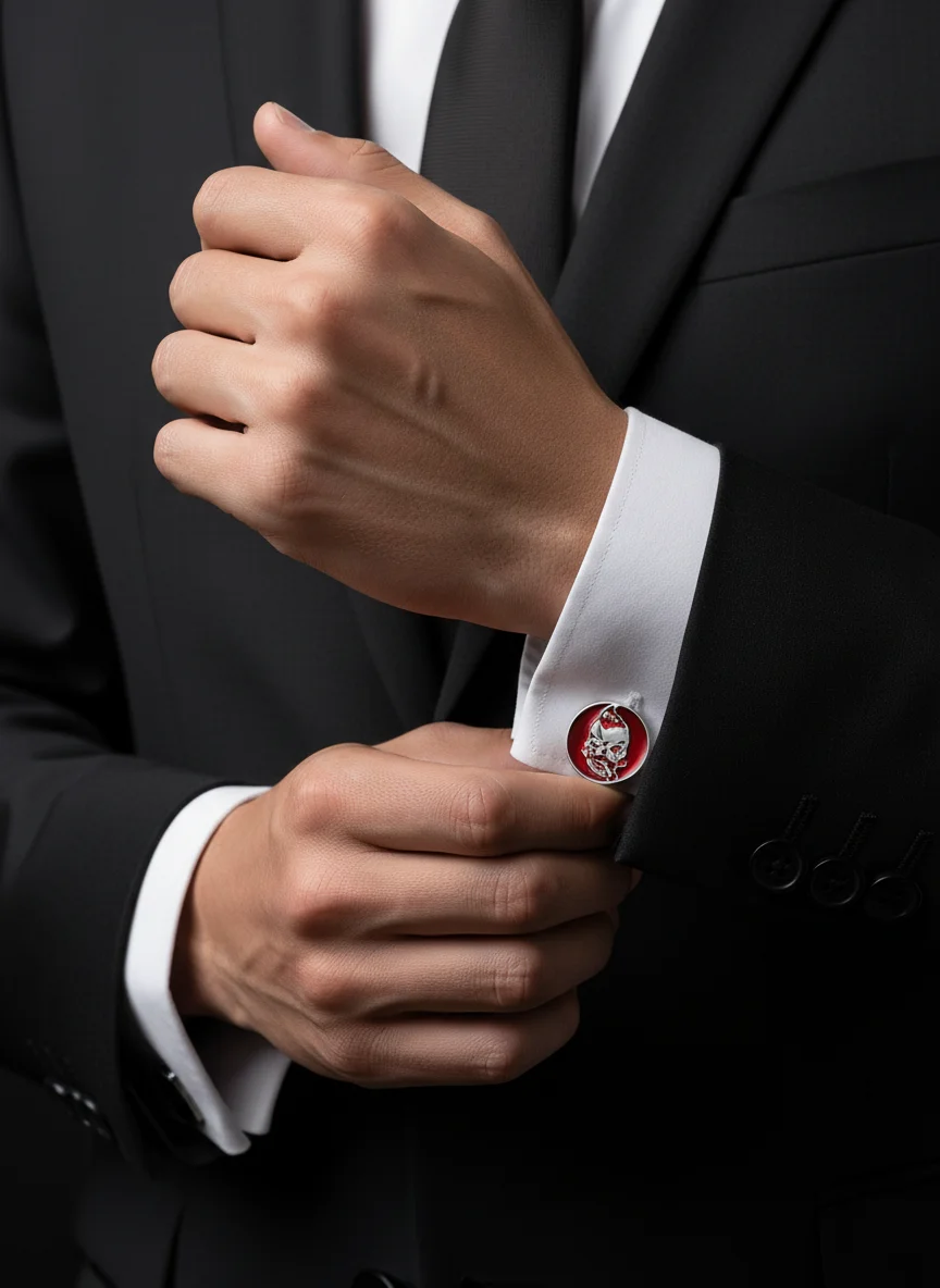 Mens Punk Red Ghost Smoking Design Cufflinks Personality Skull And Cigarette Pattern Round Cuff Button