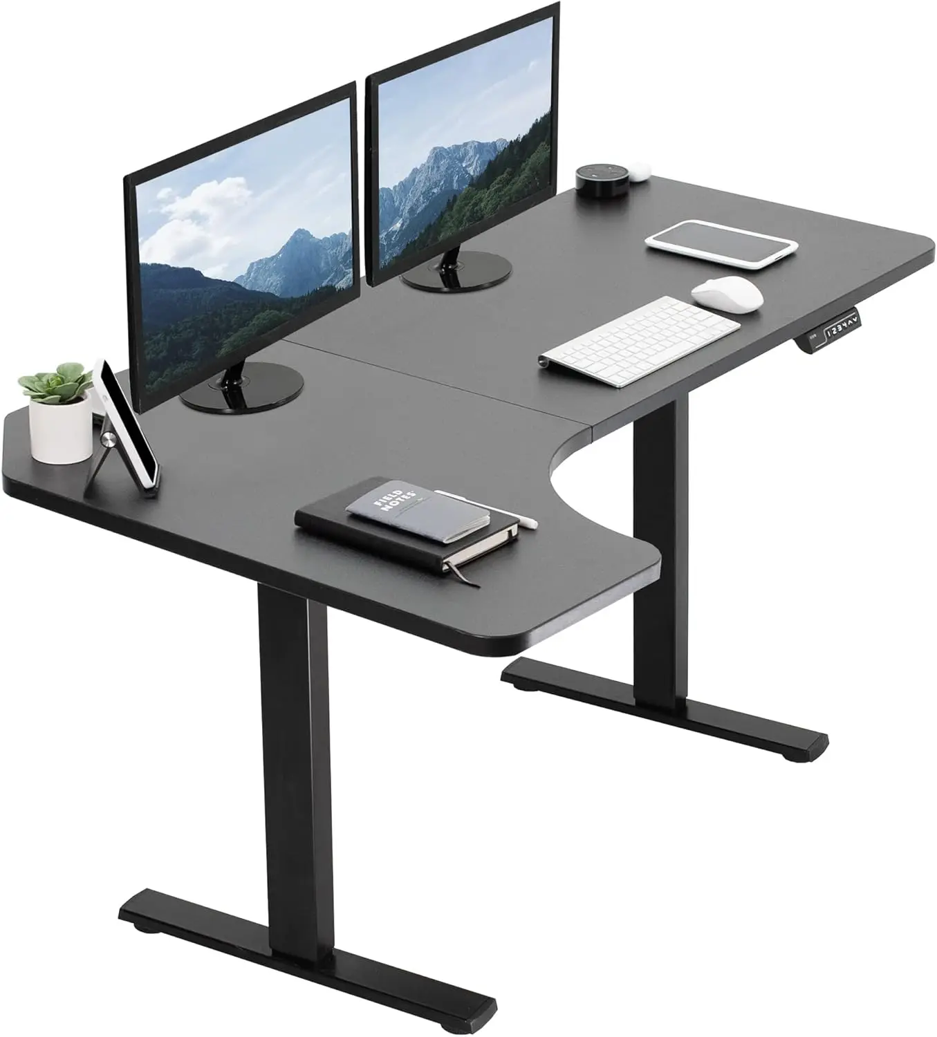 Electric Height Adjustable L Shaped 58 x 35 inch Corner Standing Desk, Black Reversible Table Top, Black Frame