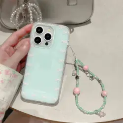 Mint Green Summer Bow Phone Case For Iphone 13 14Pro 15Pro 15ProMax 13Pro 12 14 15 Pro Max 13ProMax 12Pro Pink Chain Cover Shell