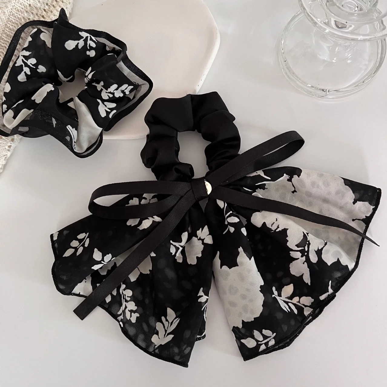 

Luxury Satin Bow Hair Tie with Floral Ribbon and Bow for Hair Styling, Bun Hair Accessory for Women