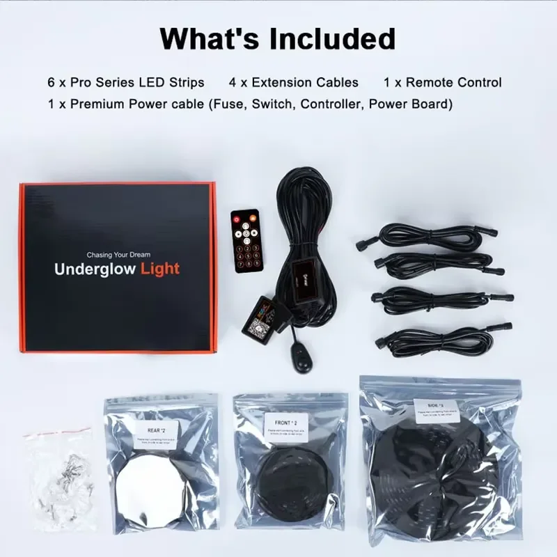 Custom Brightness / Length Under Glow IP68 Waterproof Flowing RGBIC Underbody LED Car 6 Pcs Chasing Underglow Light Kit for