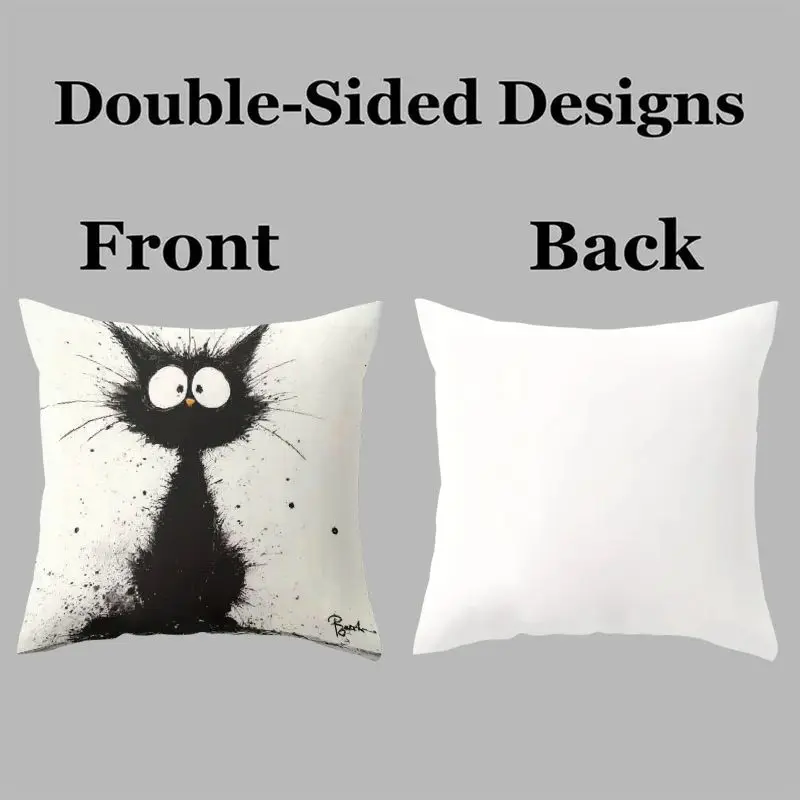 4 Pack Black Cat Art Throw Pillow Covers Monochrome Cat Print Aesthetic Cushion Pillowcase Home Decor Gift 45x45cm