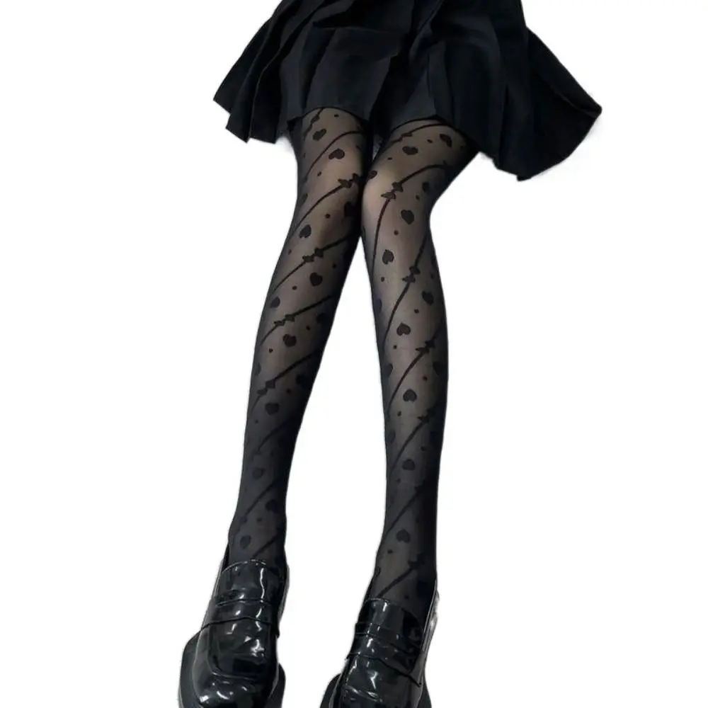 Fashion Bowknot Heart Long Tights Transparent Lolita JK Mesh Pantyhose Harajuku Ultra-thin Stripe Dot Stockings Lady