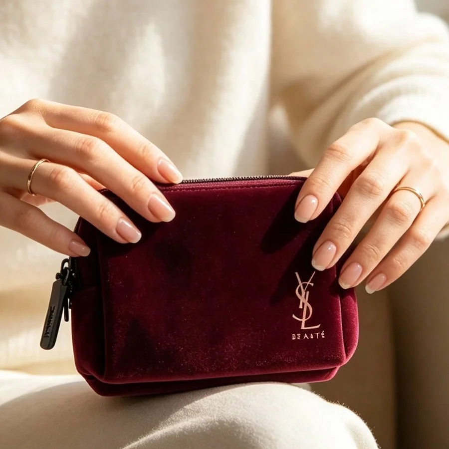 YSL Vintage Burgundy Velvet Makeup Bag Mini Portable Cosmetic Pouch Zipper Clutch Lipstick Organizer Elegant Square Holiday Gift