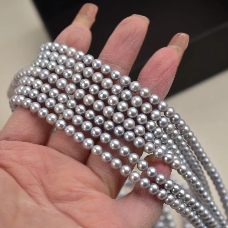 

Natural Grey 15.5"5-6mm Near Round and Flat Pearl Necklace Baby Beads Natural Beads Handmade Sterling Silver Pearls No Knotting