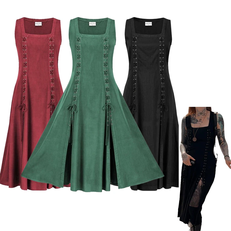 فستان عصر النهضة في العصور الوسطى ريترو متعدد الألوان تأثيري خادمة الهالوين كرنفال ليلة جديدة