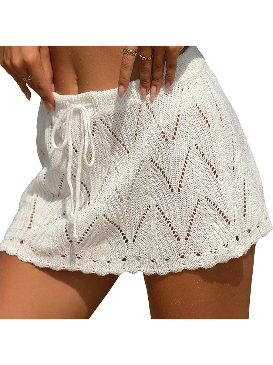 

Women Summer Boho Knitted Crochet Cover Up Skirt Solid Color Drawstring High Waist Hollow Out Mini Skirt Beach Coverups Swimwear