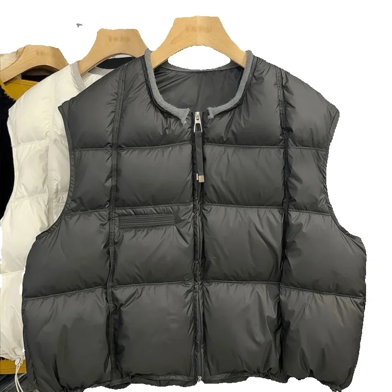 

Осень-зима, пуховый хлопковый жилет, женский 2026, новая мода, свободный повседневный жилет с круглым воротником, однотонный черный верхняя одежда, женская