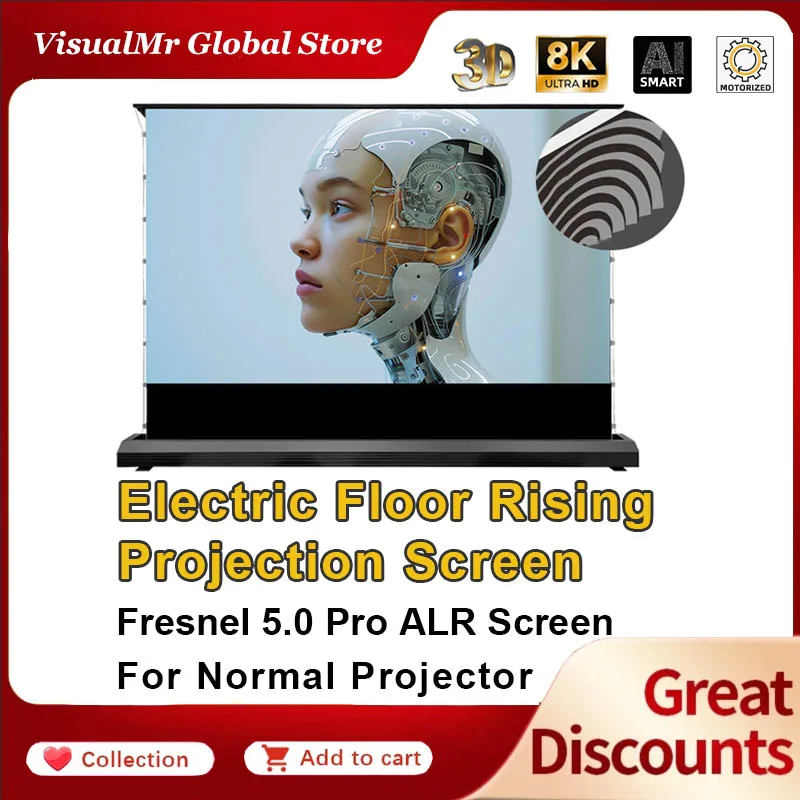 2024 Electric Floor Rising Fresenl 5.0 Pro ALR Projector Screen Motorized Tab Tension Ambient Light Rejecting Projection 3D 4/8K