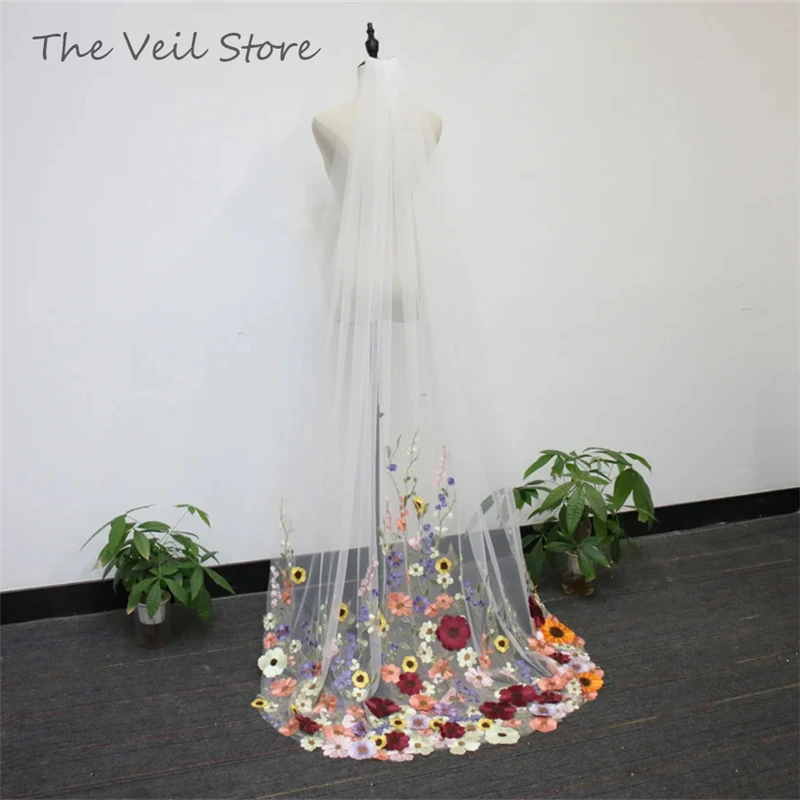 MultiColoured 3D Flowers Floral Bridal Wedding Veils With Comb White Ivory Tulle Embroidered Colorful Unique Purple Yellow Pink