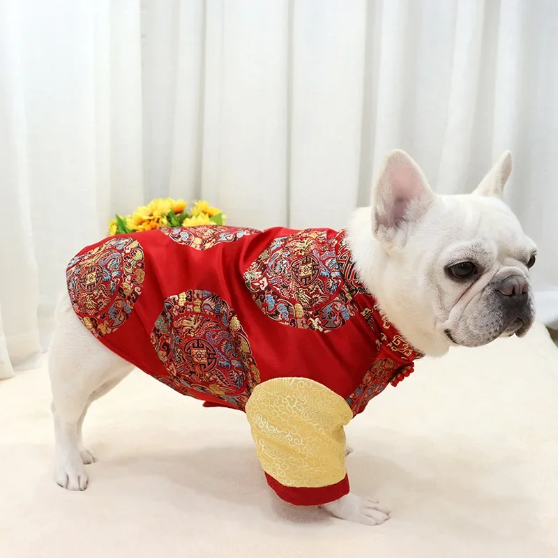 Chinese New Year Pug Dog Clothes Winter French Bulldog Clothing Coat Jacket Schnauzer Frenchies Dog Tang Suit Cheongsam Outfit