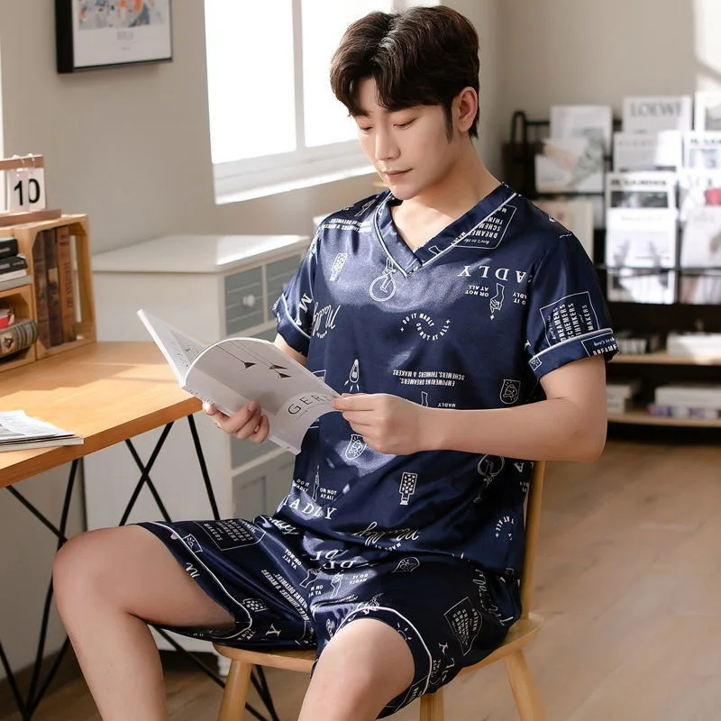 Pajamas Men Ice Silk Short-Sleeved Student Homewear Two-Piece Set of Easy-to-Clean Short-Sleeved Shorts Nightwear Loungewear