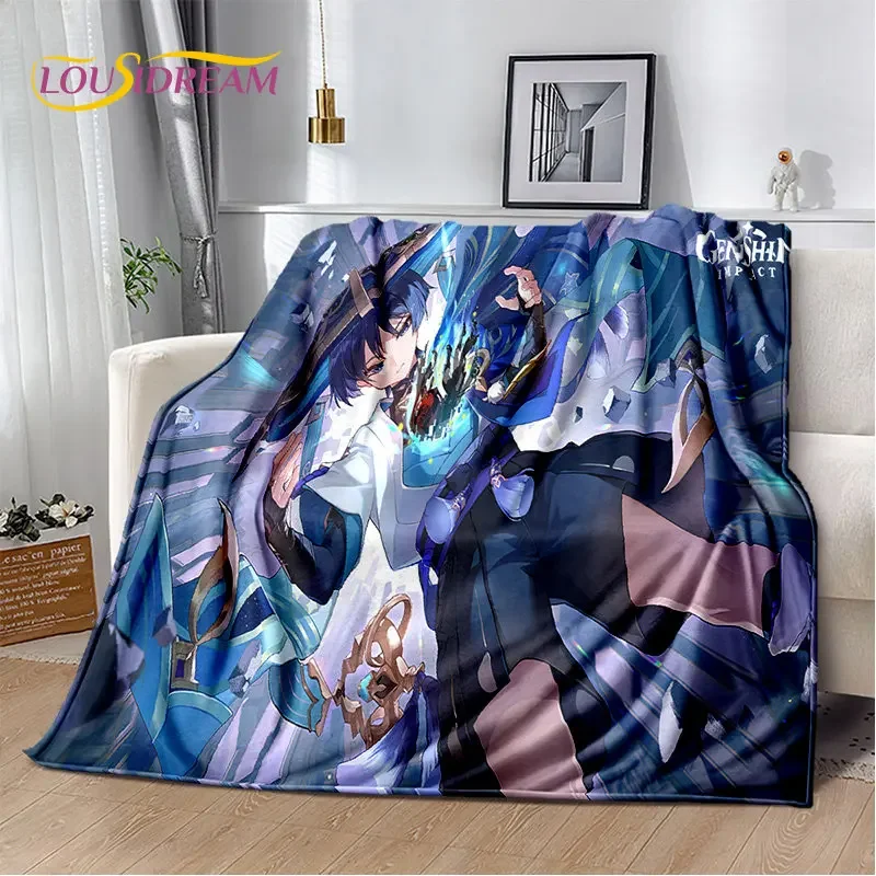 Genshin Impact Cartoon-Spiel, weiche Plüschdecke, Flanelldecke, Überwurfdecke für Wohnzimmer, Schlafzimmer, Bett, Sofa, Picknick, Kinder