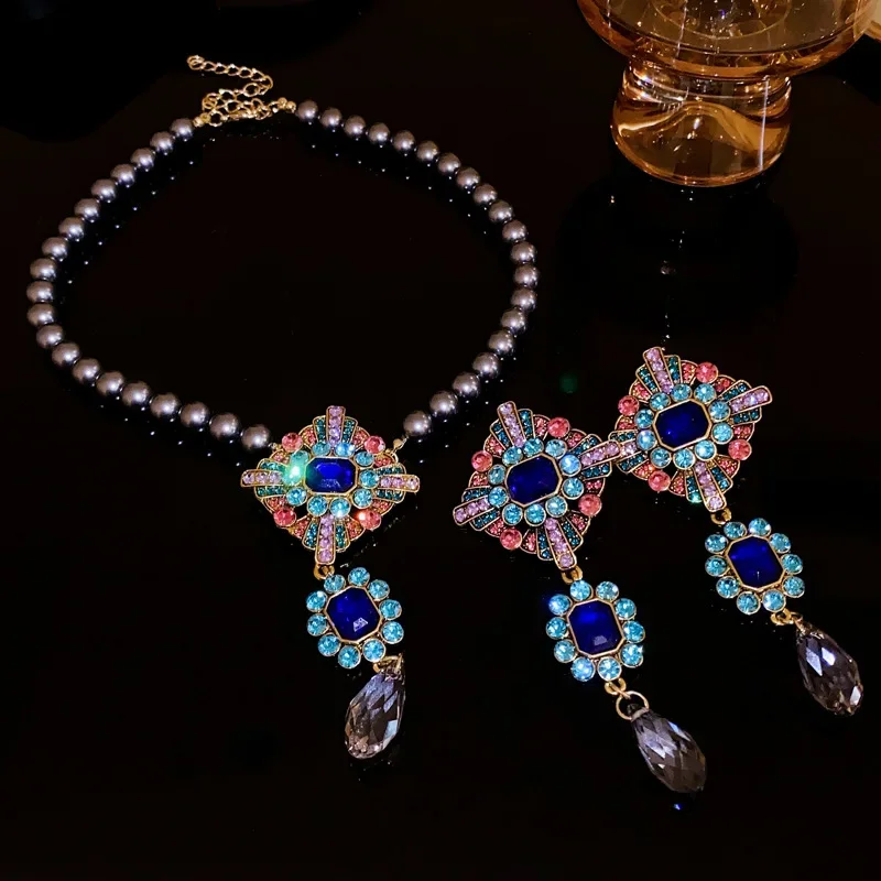 Vintage Baroque Pearl Crystal Necklace Drop Earrings set For Women Geometric Colourful Banquet Jewelry Sets