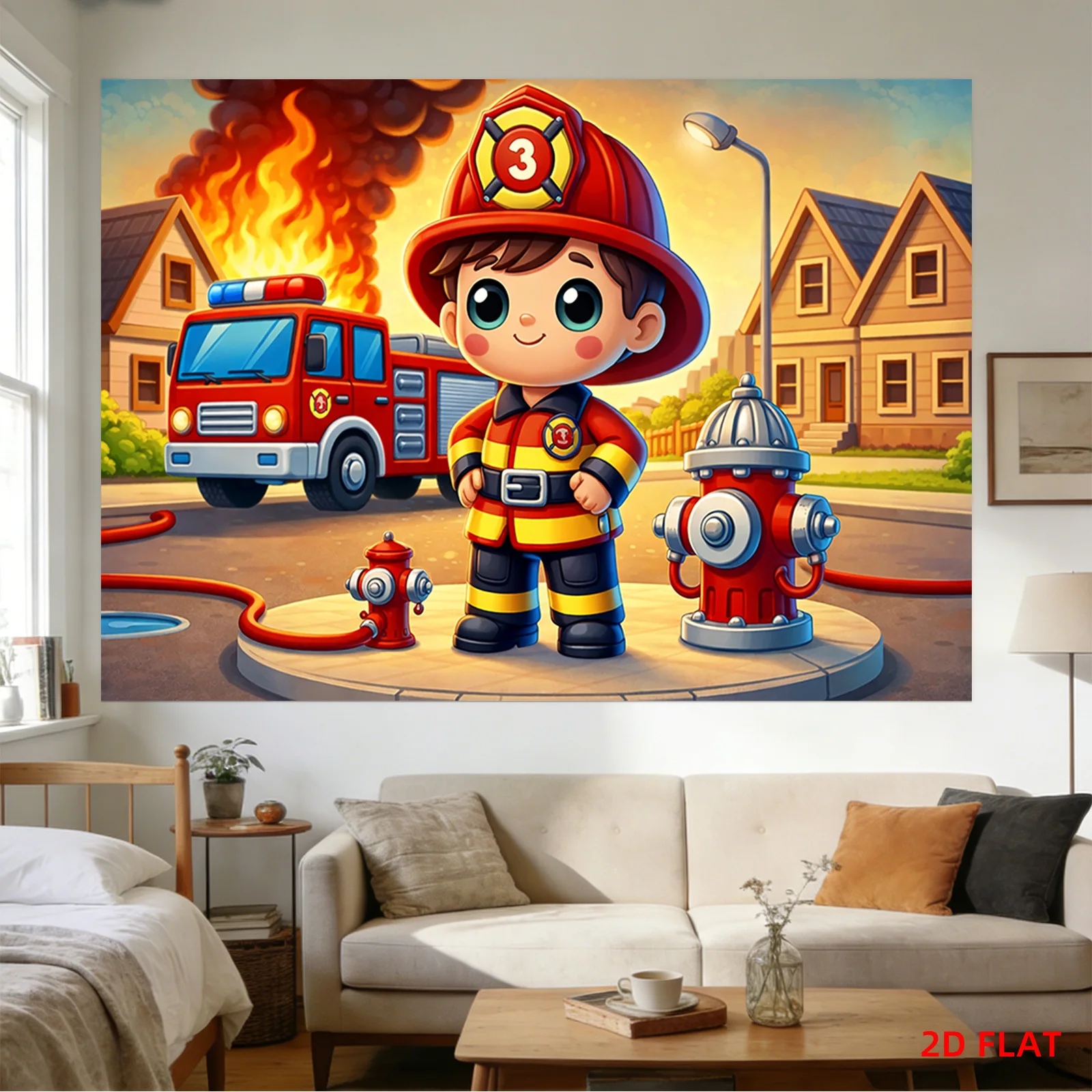 Cute Firefighter Boy Tapestry, Cartoon Fireman Wall Hanging, Kids Room Decor, Red Fire Truck Backdrop, Baby Shower Gift