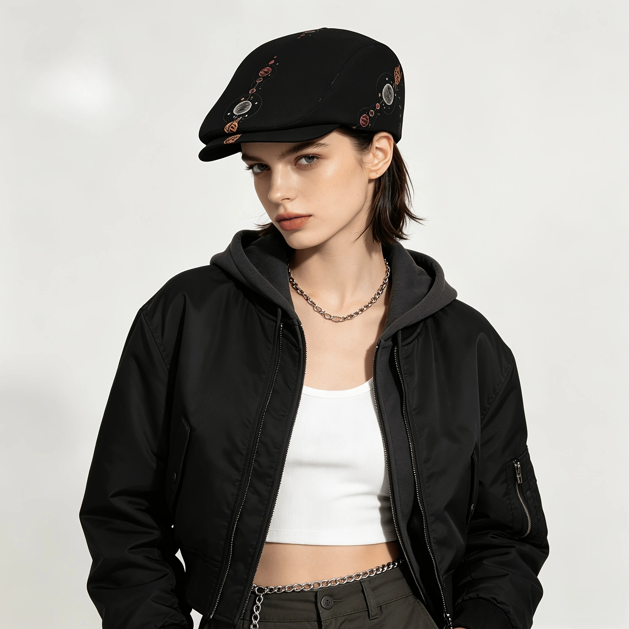 1pc Cosmic Planet Lineup Art All-Over Print Flat-Top Hat for Men And Women, Newsboy Cap, Beret, Irish Hat, Driver Cap, Retro Hat
