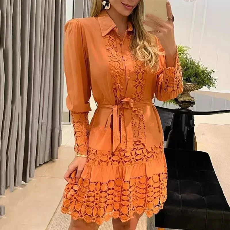 Vestido de manga larga de encaje para mujer, minivestido bohemio de trabajo OL, camisa de solapa de Color sólido, vestido elegante para damas, ropa de viaje