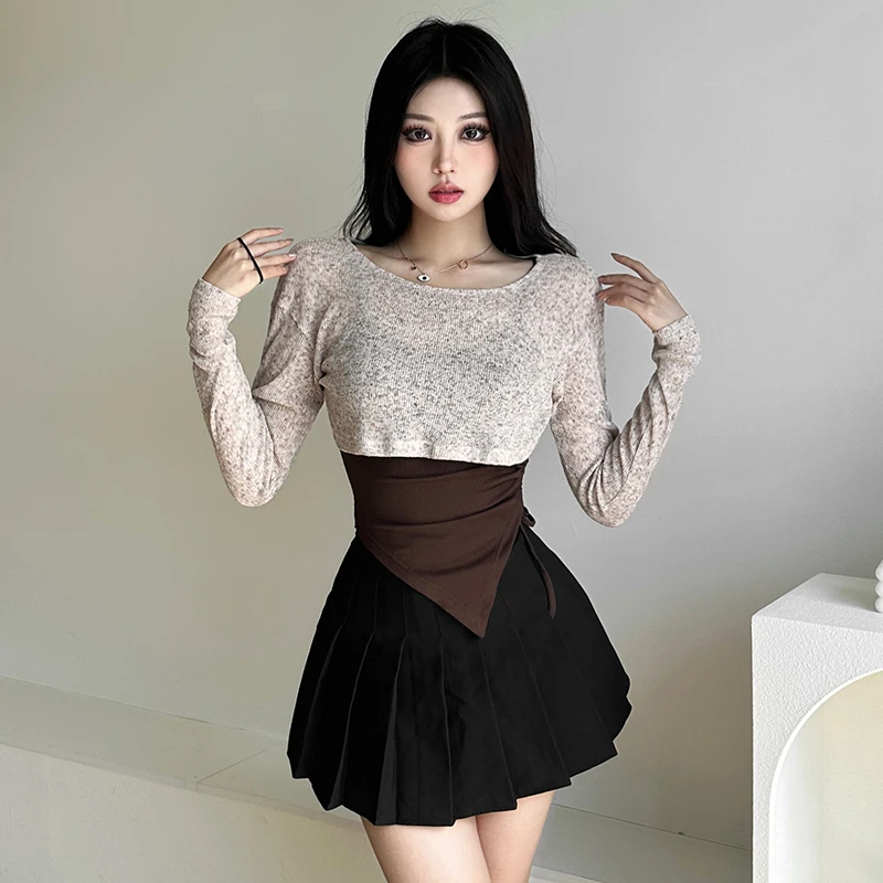 

Elegant Slightly Mature Sexy Style Long-Sleeved T-shirt Women's Inner Suspenders Two-Piece Suit Design Slimming Hot Girl Top