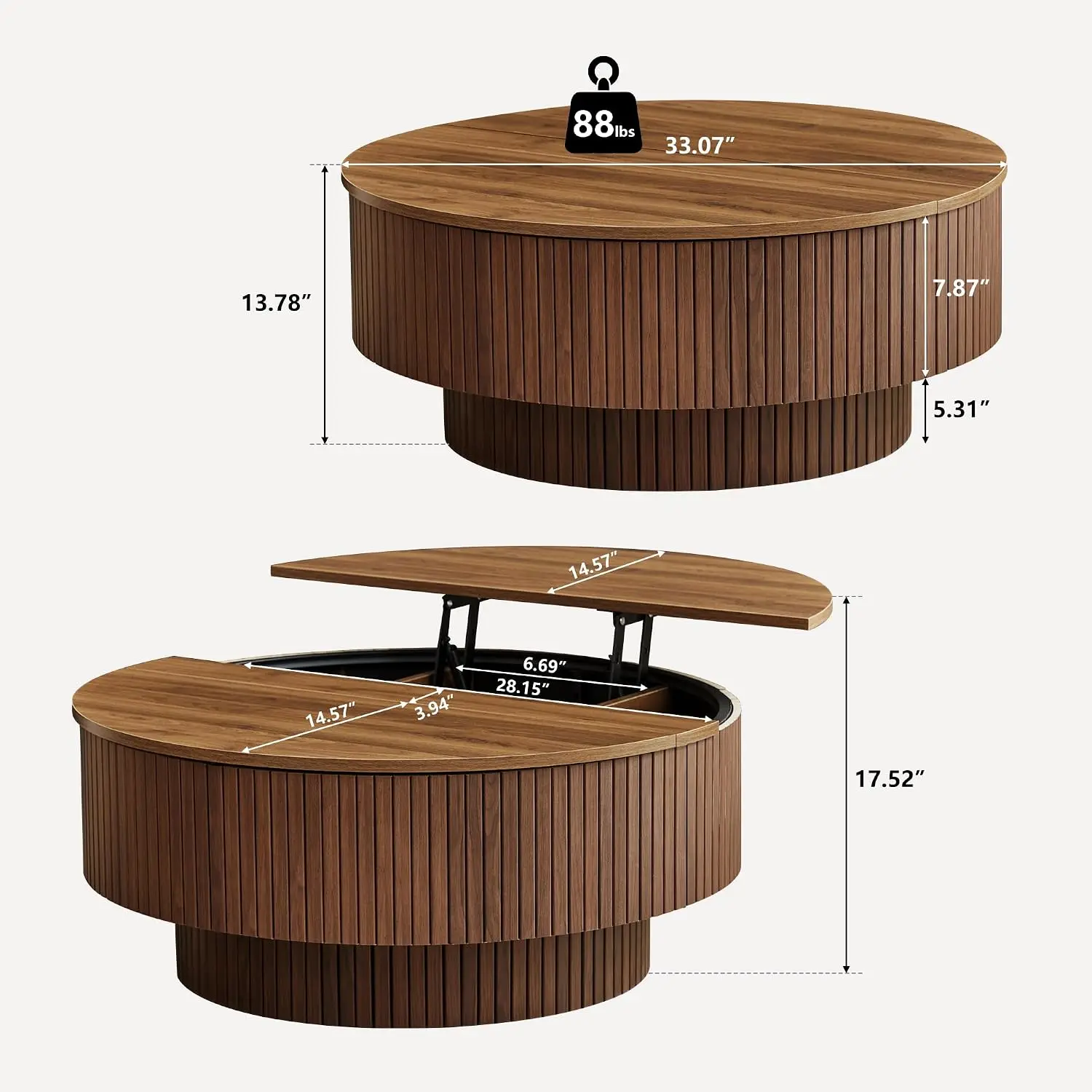 33 Inch Round Coffee Table With Lift Top And Flip Top Storage, Modern Accent Fluted Coffee Tables With Metal Frame, Wooden Circle Center Table For Living Room Small Space Apartment Office, Walnut