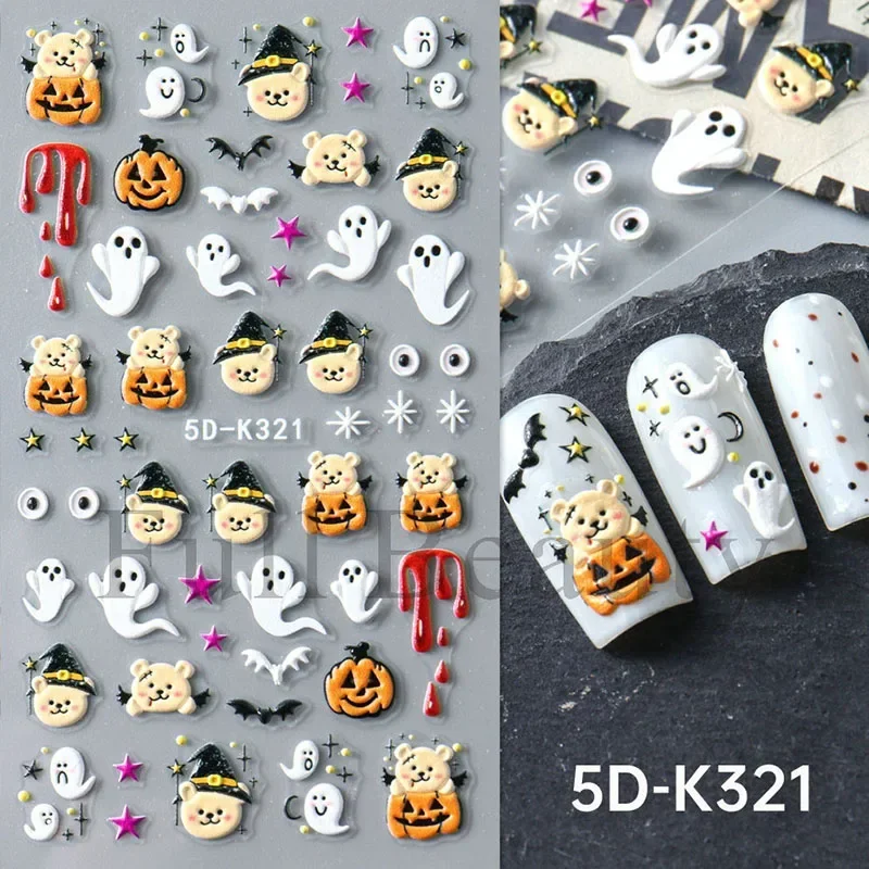 Halloween nuovi adesivi per unghie 5D in rilievo 3D Halloween Cute Ghost Spider Web Pumpkin Nail Sticker per donne e ragazze