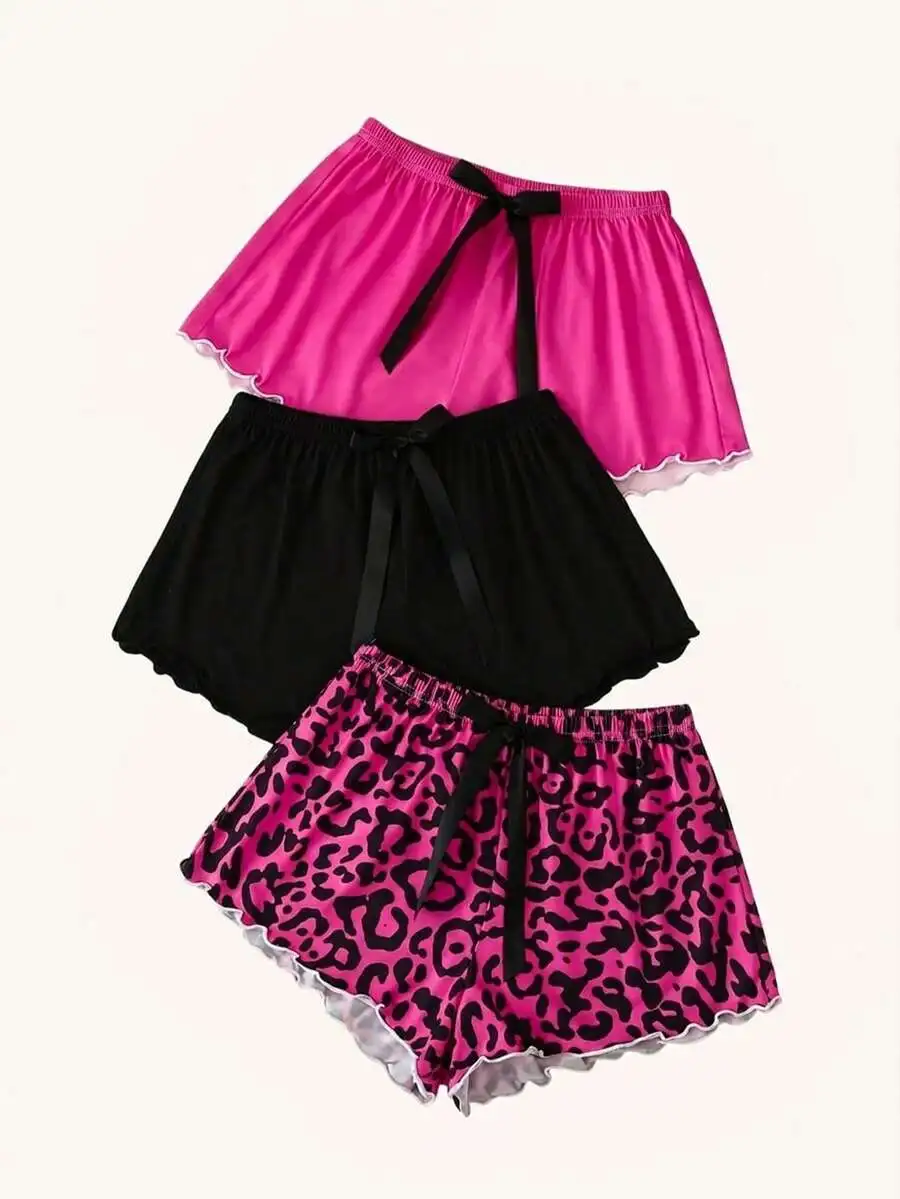 

Womens Knitted Sleep Shorts With Bow Knot Ruffle Hem Leopard Print Pink Black