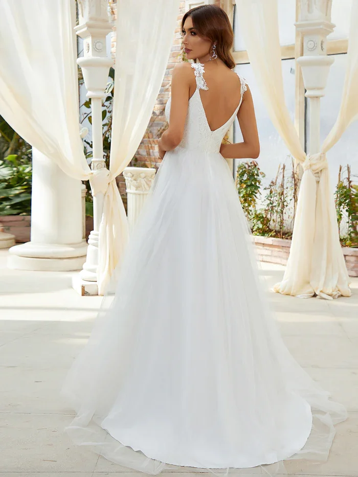 Ever-Pretty Wedding Dress for Wedding Long Woman A-Line Double  V Neck Open Back Sleeveless Lace Chiffon