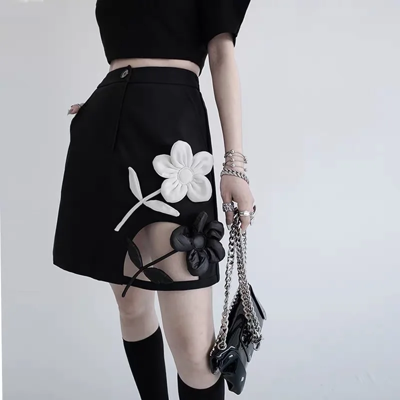 Floral Patchwork Black Mini Skirts Elegant Ladies Skirts Hollow Out High Waist Skirts High Street A-line Short Skirt For Women