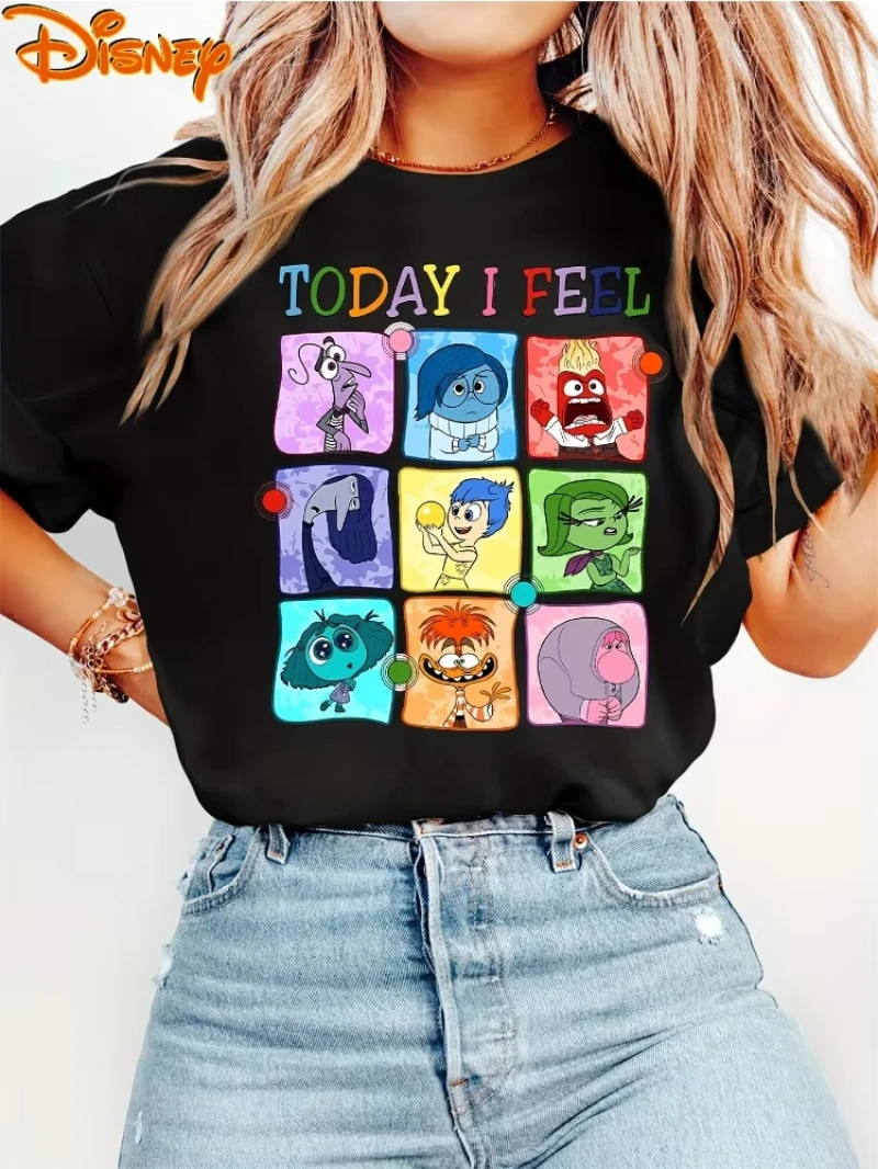レディース ディズニー 半袖 ヘッドハンターズ 今日私のさまざまな感情 プリント ラウンドネック Tシャツ ファッショナブル カジュアル レトロ スタイル トップス