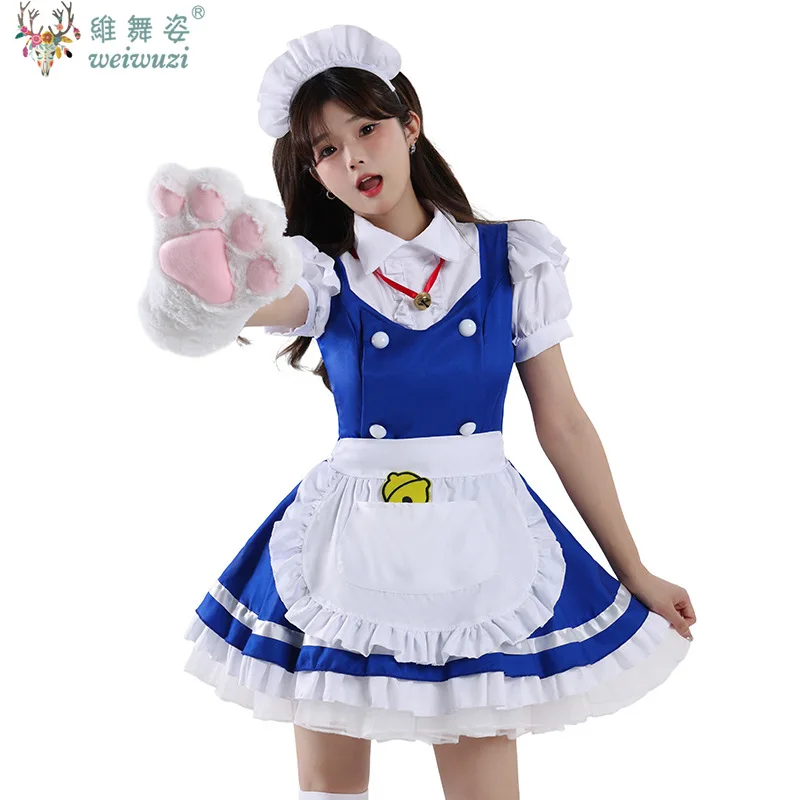 

Sweet Cute Lolita Blue Dress Cosplay Costume Maid Coffee Shop Uniform Halloween Costume Stage Perfermance Fancy Outfit Rave Club