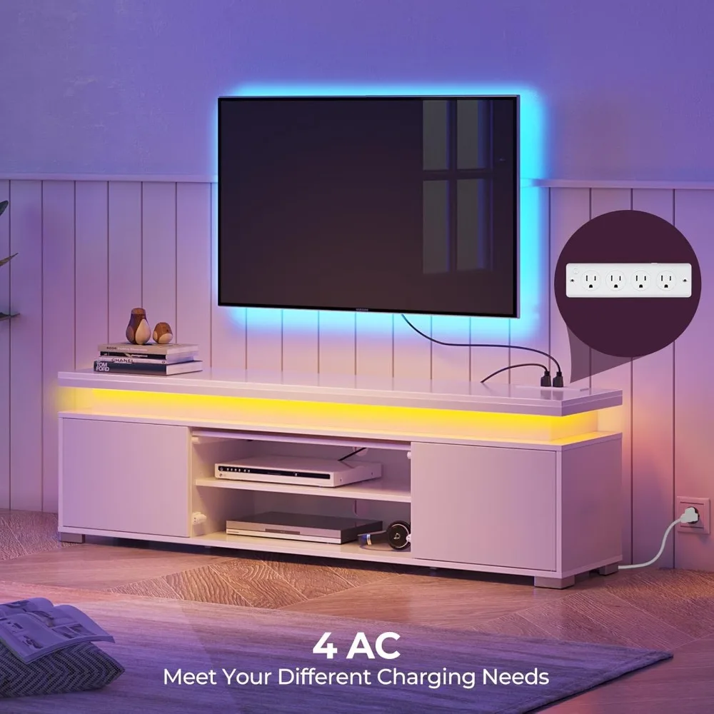 TV Stand with LED Lights & Power Outlet, Modern Entertainment Center for 32/43/50/55/65 Inchs TVs, Table