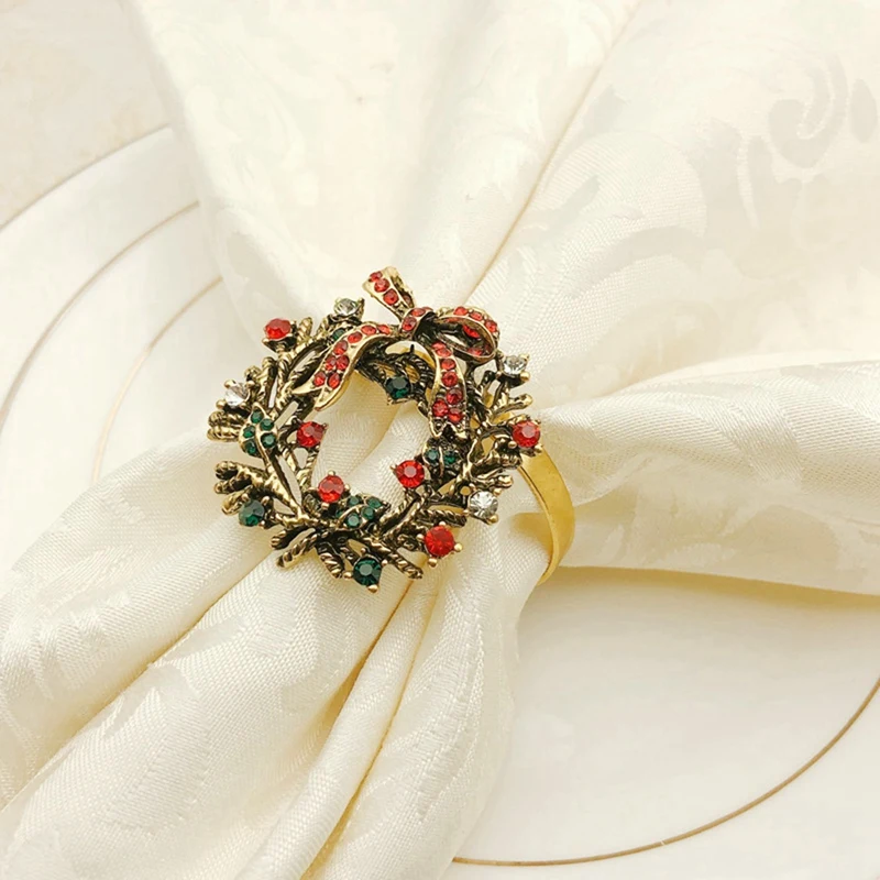 10Pcs Flower Design Napkin Rings Metal Gold Napkin Buckle Napkin Ring Holder & 6Pcs Christmas Wreath Napkin Rings