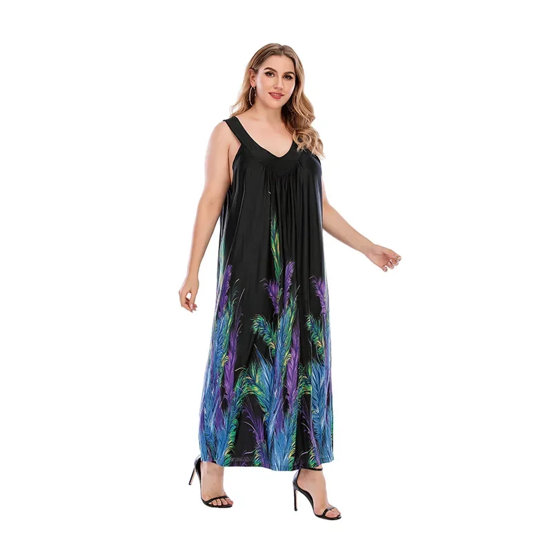 Ropa de talla grande para mujer, de 200 libras, gordito mm, puede usar un vestido suelto con cuello en V y plumas negras