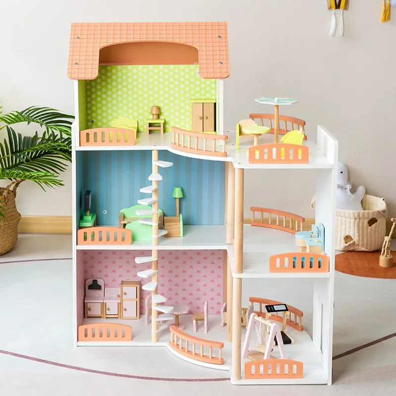 Wooden Large Three-story Princess House Miniature Dollhouse Accessories Doll House Furniture Montessori Social Games Girls Toys