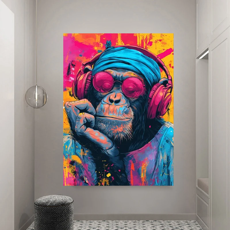 Vibrant Chill Chimpanzee Canvas, Colorful Urban Pop Art, Music Lover Monkey Wall Art, Funky Animal Portrait Home Decoration