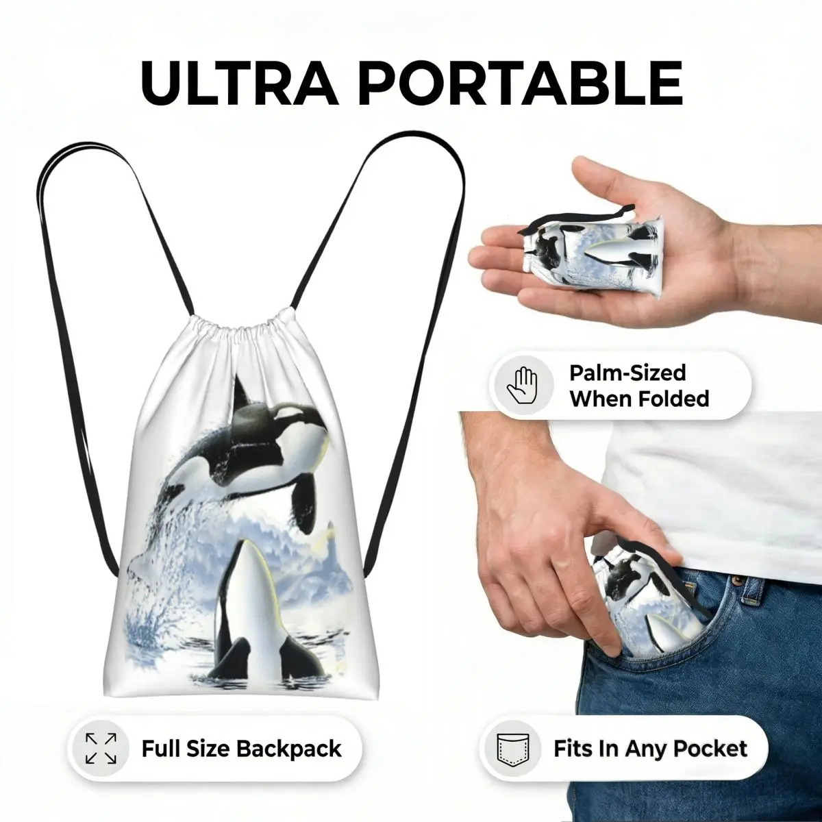 Orca Killer Whale Flies Or Jumps Oves The Ocean Drawstring Backpack Sports Gym Bag Portable Travel Drawstring Bag for Men Women
