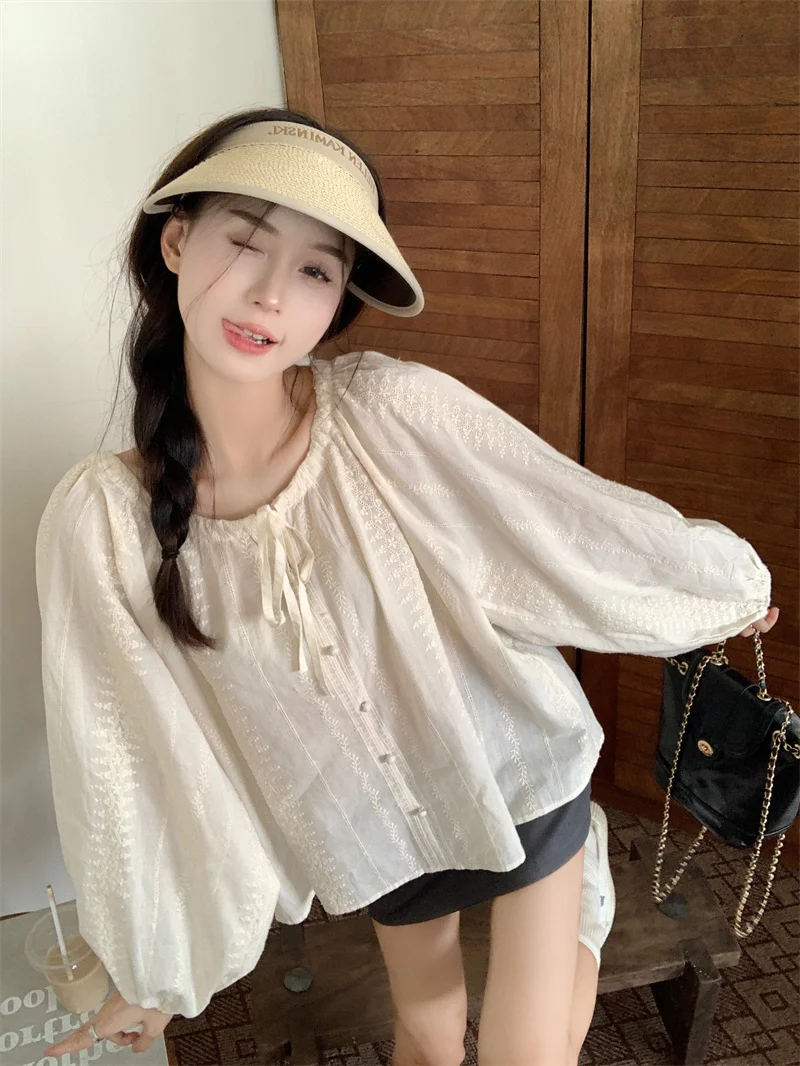 

Французский свободный крой Long Sve round Ne Вышивка irt Женский весенний нежный дизайн Sensation Doll irt Топ