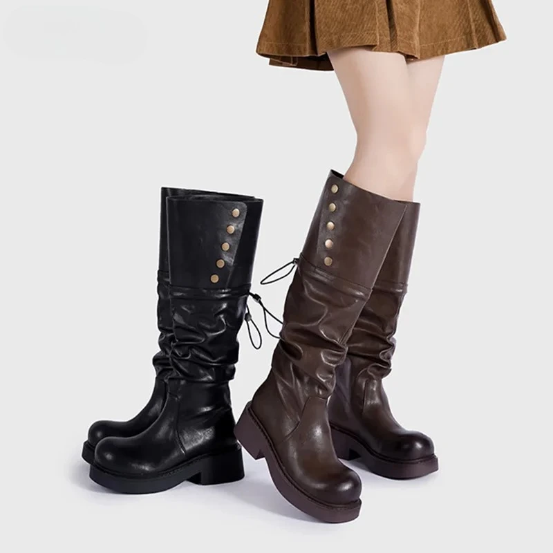 

Autumn Winter Patent Leather Punk Gothic Platform Women Knee-high Boots Fashion Rivet Button Heeled Motorcycle Booties Shoes