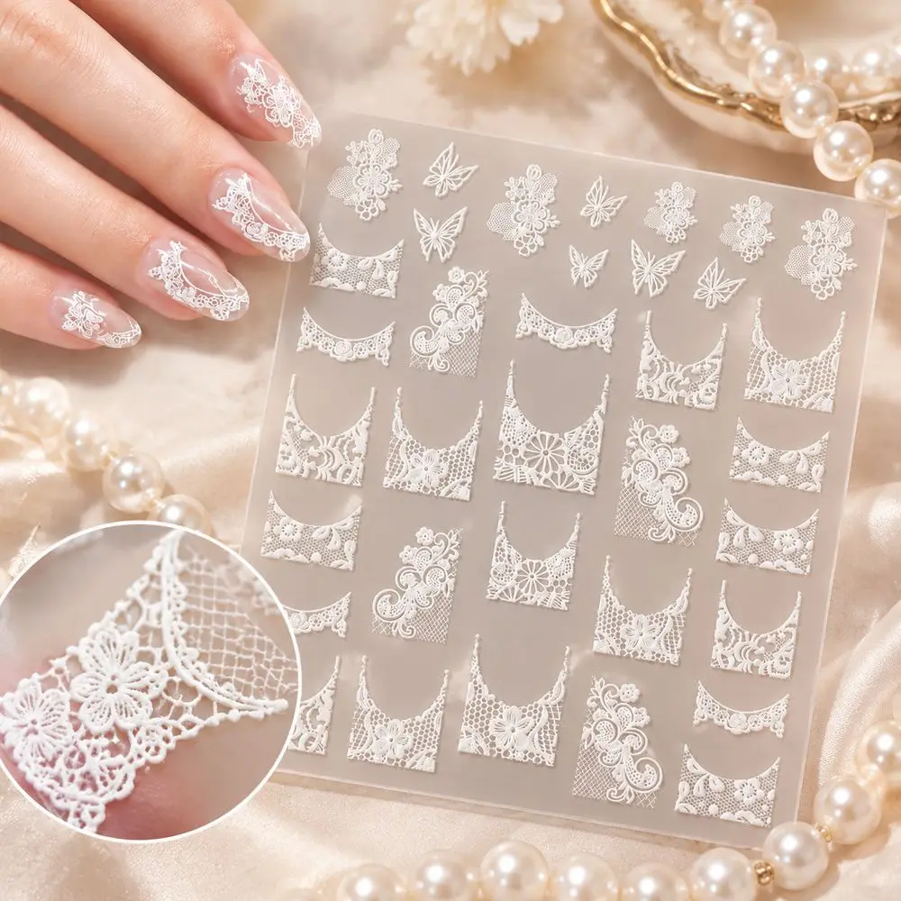 Premium Lace Nail Sliders White Butterfly Flower 5D Embossed Self Adhesive Decals High Quality Salon Nail Supplies Kit for Women