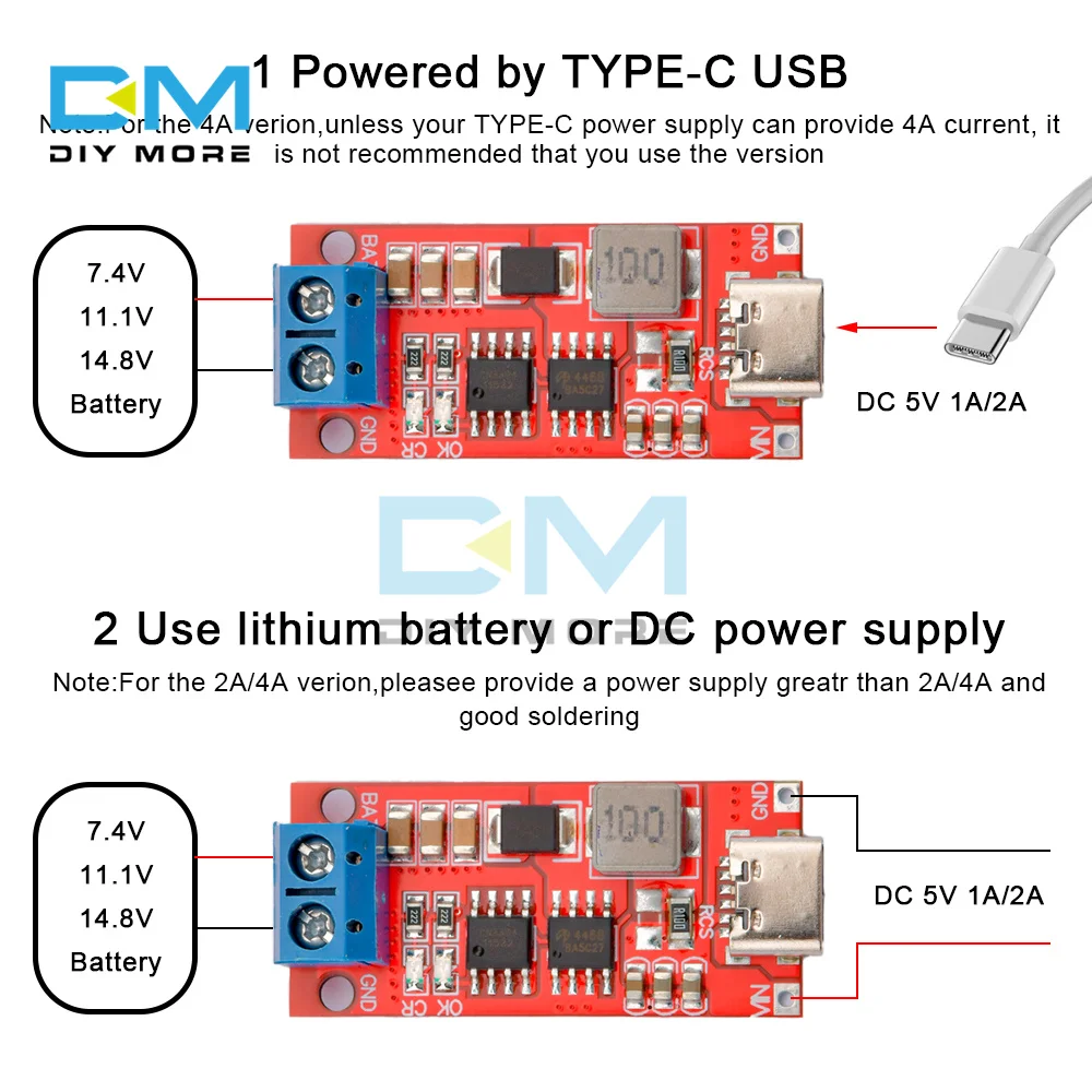 18650 Lithium Battery Step-Up Boost LiPo Polymer Li-Ion Charger Module w/ Terminals Multi-Cell 2S 3S 4S Type-C to 8.4V12.6V16.8V