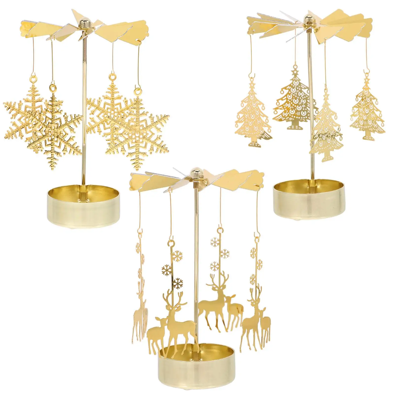 

3pcs Carousel Holder Golden Rotating Stand Decorative Iron Christmas Tealight Home Ornaments Spinning Candlestick