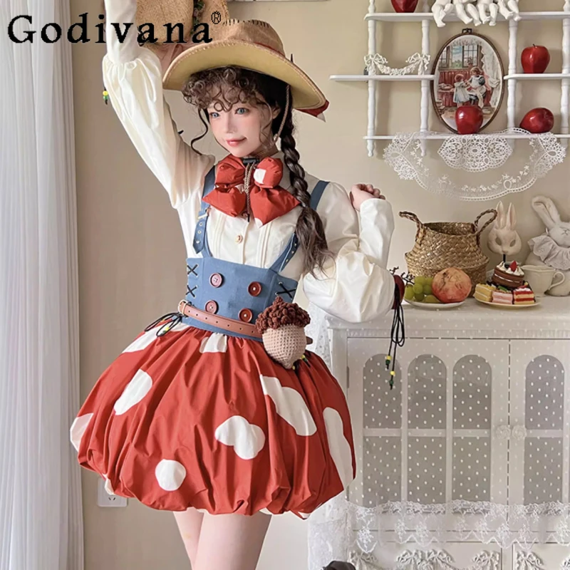 

Original Japanese Kawaii Cute Strap Skirts Shirt Set Girls Y2K Bud Strap Skirt Long Sleeve Shirt Lolita Cosplay Costume Women