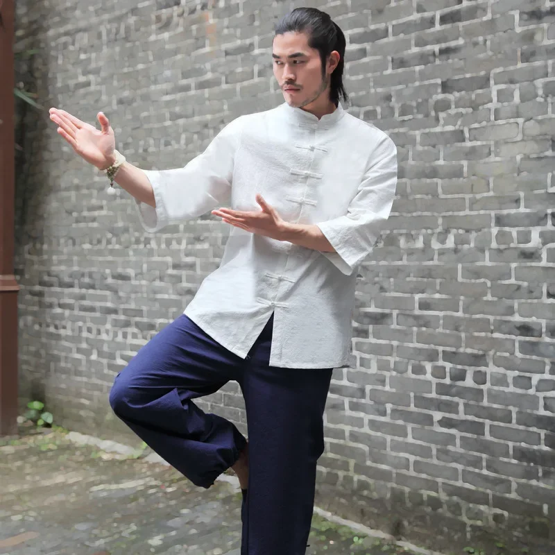 Spring Men Yoga Set Cotton Linen Loose Wide Leg Yoga Pant Yoga Shirt Male Tai Chi Martial Arts Meditation Kungfu Uniform Clothes